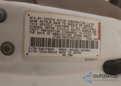 2000 Toyota Camry Le V6 from USA, damaged, VIN JT2BF28K3Y0251303